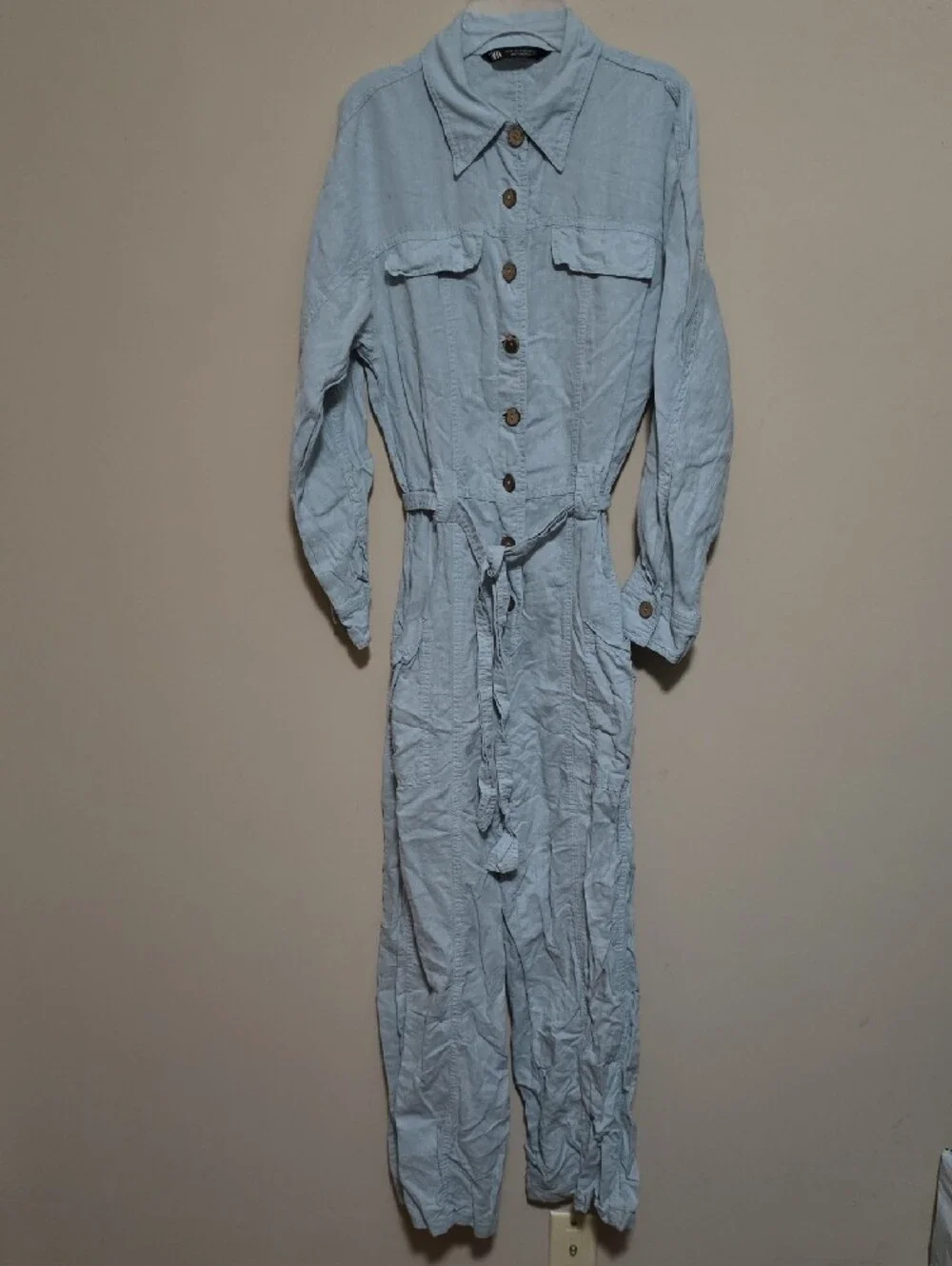 Zara Light Blue Button-Front Linen Utility Jumpsuit